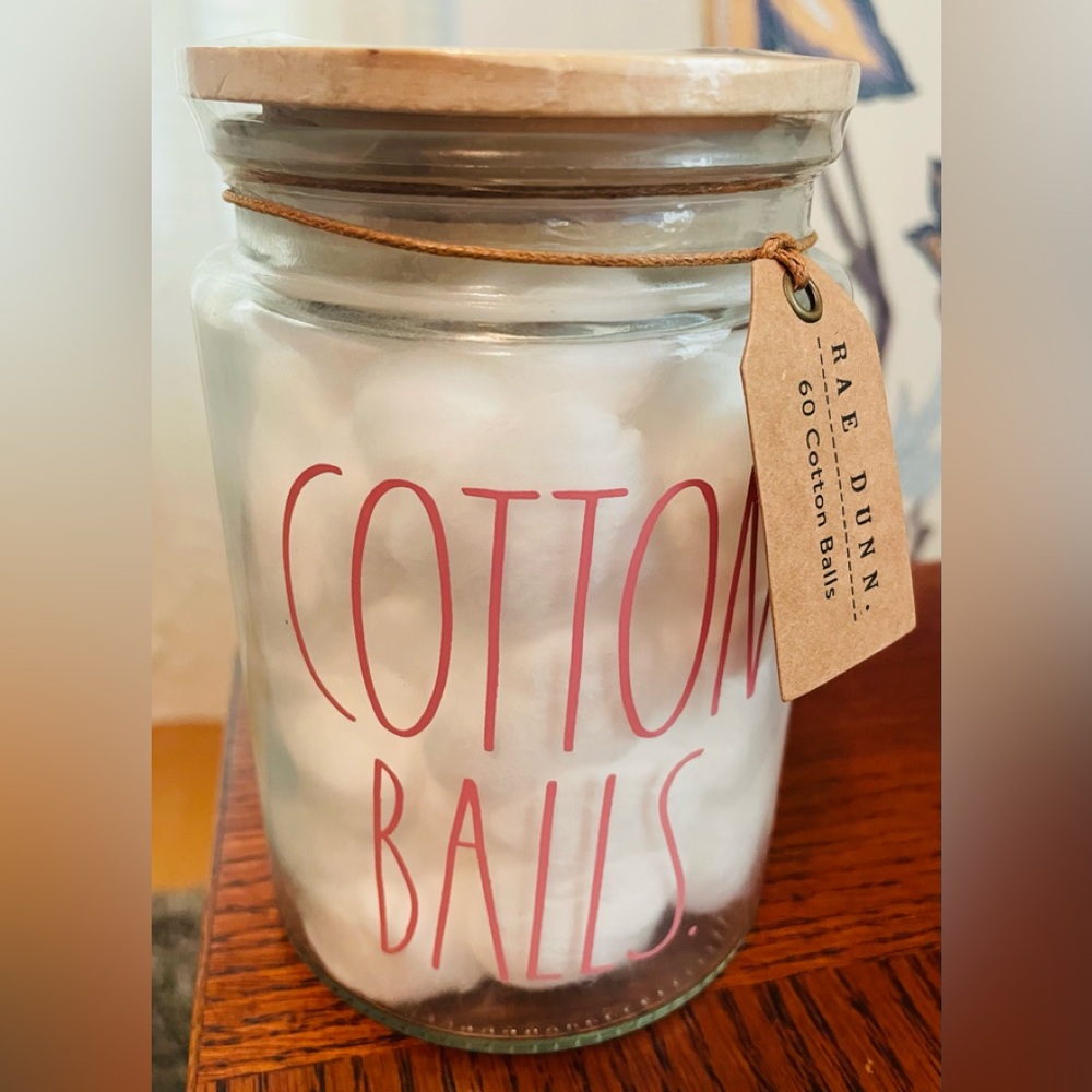 Rae Dunn Glass Jar/Canister Rainbow Lid Cotton Balls With 60 Cotton Balls NEW